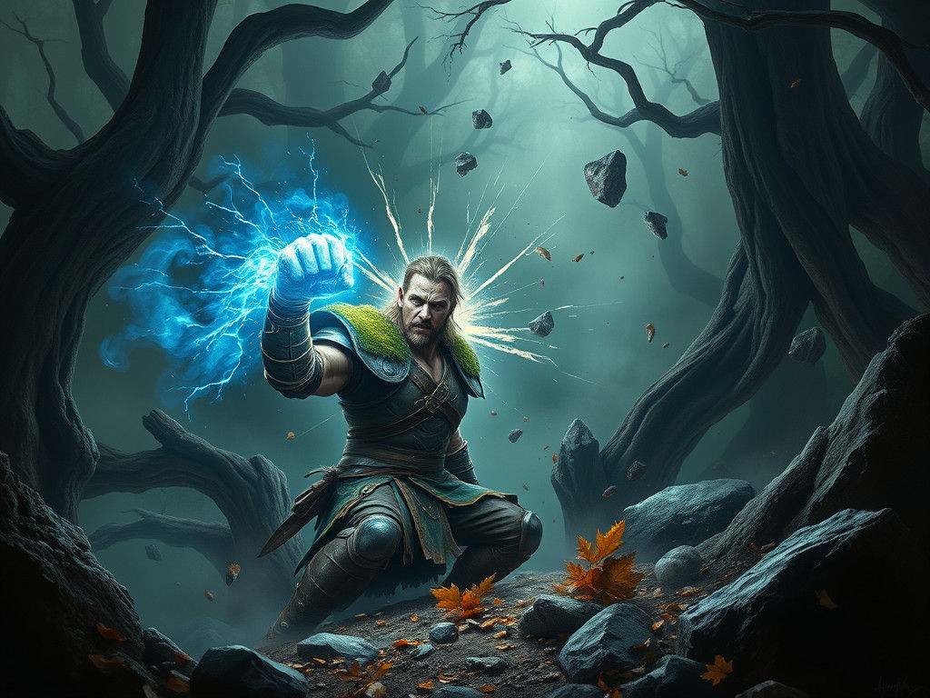 Warrior Unleashes Electric Fury in Ancient Forest