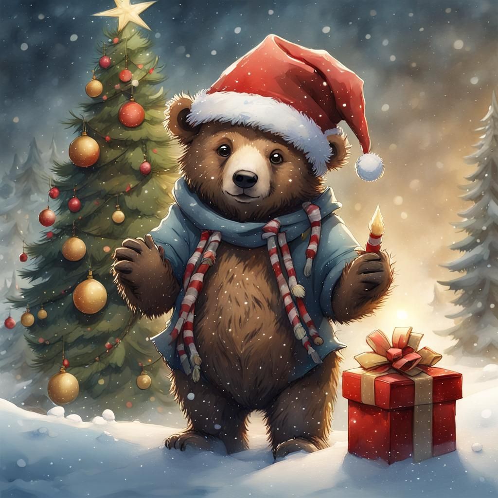 Cute Christmas Bear with Santa Hat in Watercolour Style