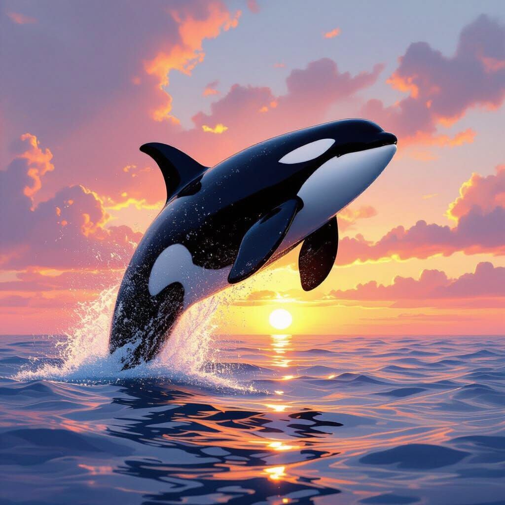 Orca Whale Breaching at Sunrise in Realistic Style