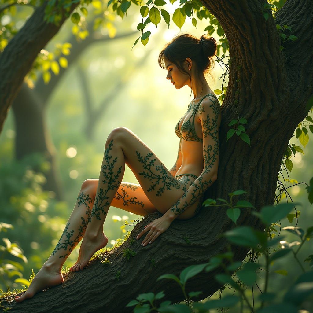 Slender Elf Woman with Tattoo Clothing in Forest