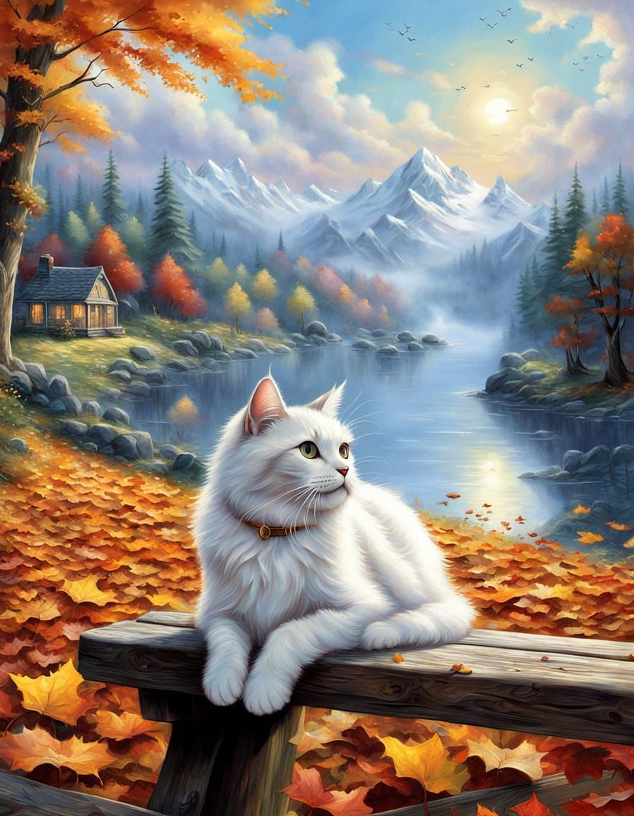 Fluffy White Cat with Autumn Leaf on Nose