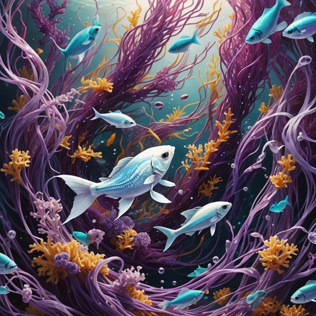 Aquatic Fantasy: White Fish in Purple Spaghetti Vortex