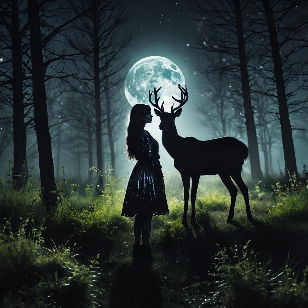 silhouetted deer full moon glimmer Iridescent foil meadow dieselpunk dreamcore Bella Kotak Jen Lipski