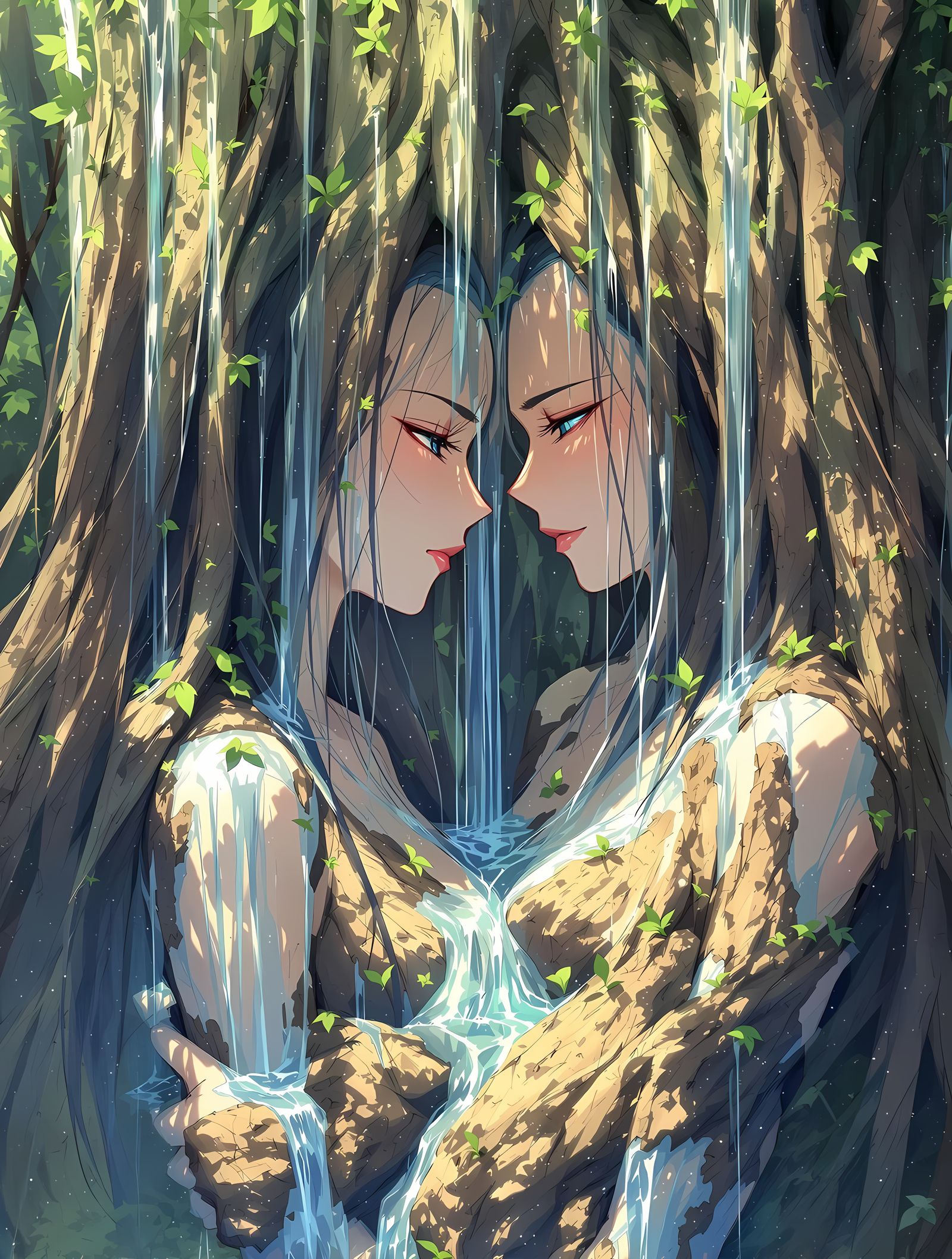 Surreal Anime Goddess Merges with Ethereal Forest