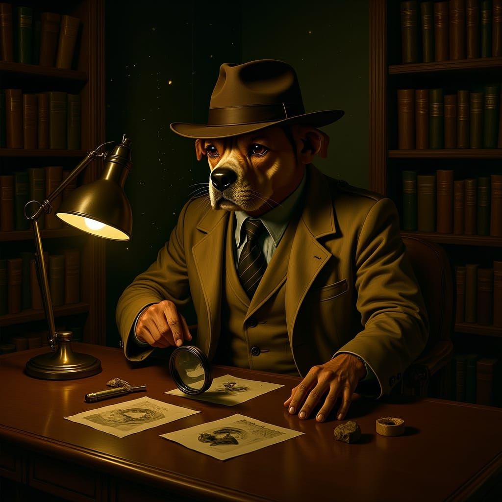 Detective Basset Hound in Noir Library Setting