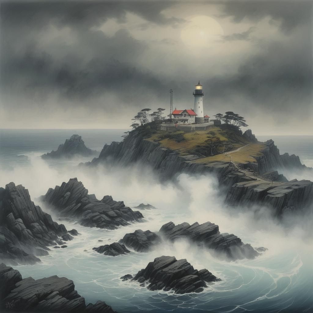 Eerie Lighthouse in Fog, Shin Hanga Mixed Media