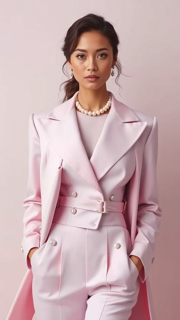 Elegant Woman in Pink and Lavender Fashion Ensemble