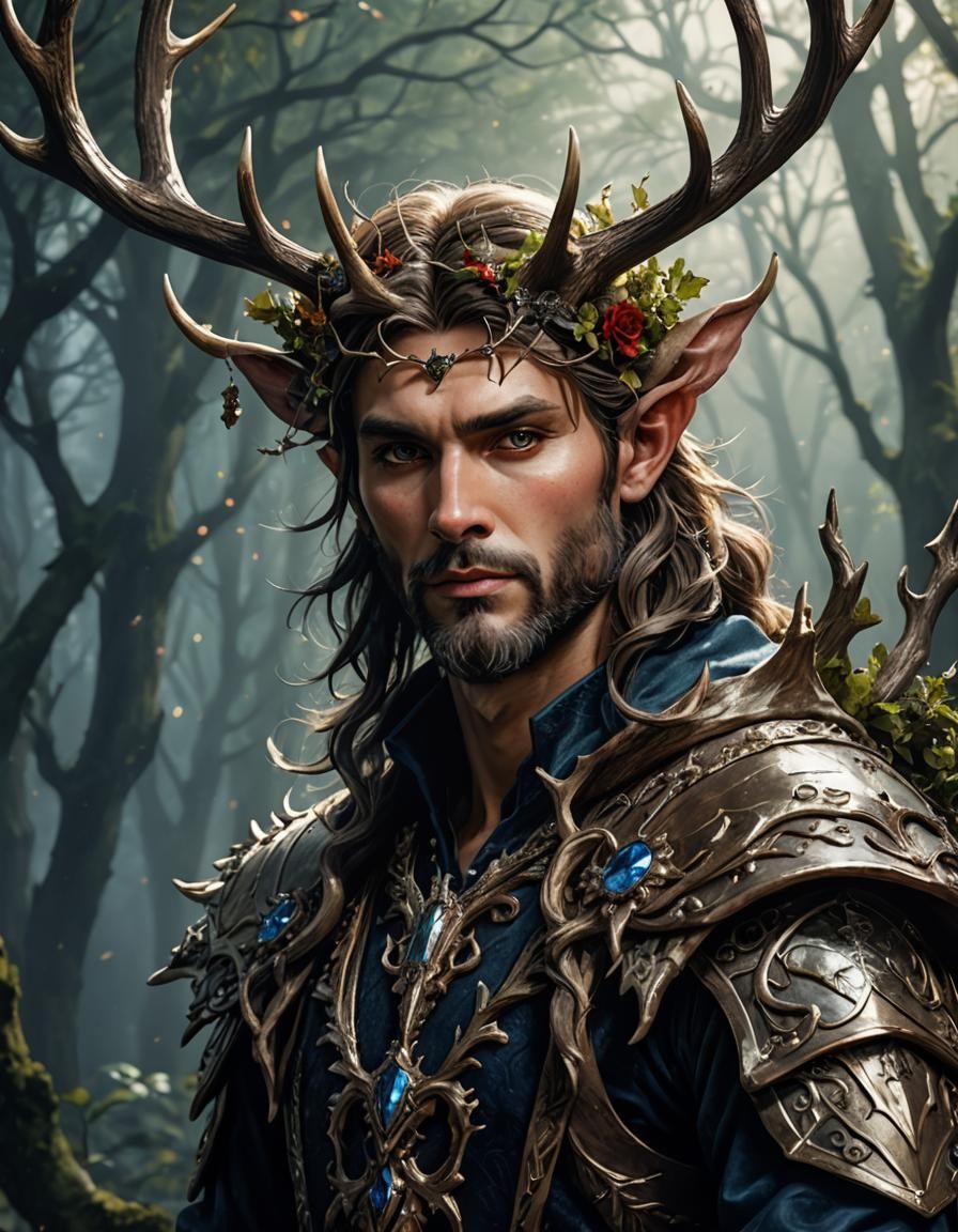 Regal Fairy King with Antlers Portrait