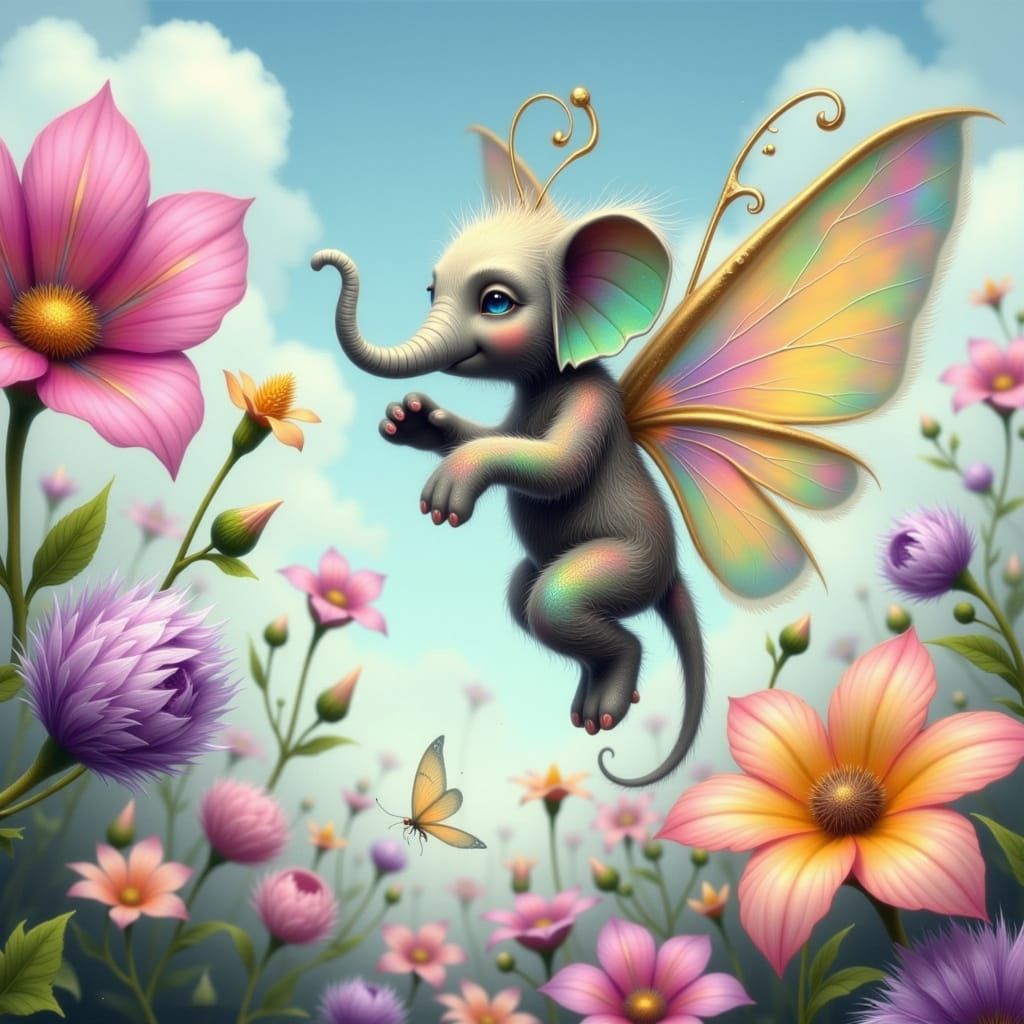 Enchanted Whimsy: Tiny, Iridescent Winged Elephants in a Vib...