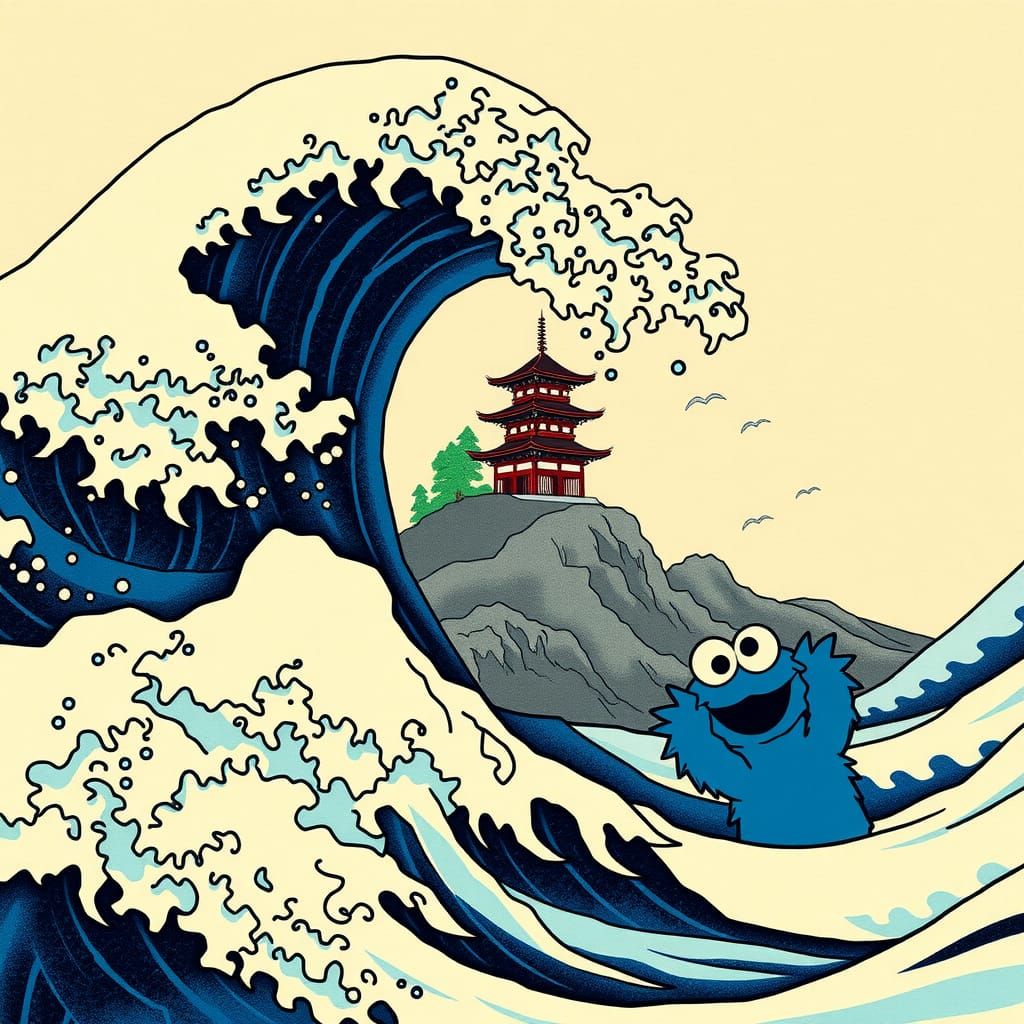 Cookie Monster Rides a Great Wave in Ukiyo-e Style