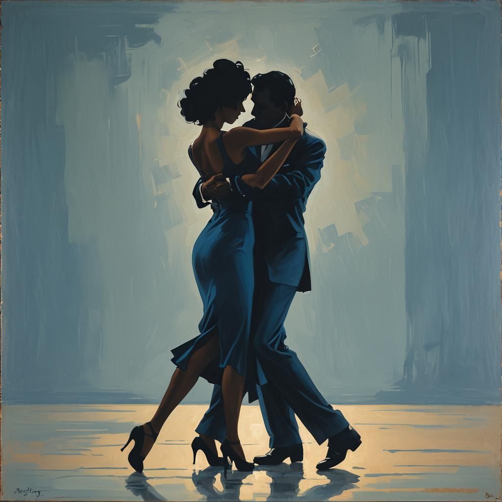 Misty Blue Tango Silhouette in Vettriano Style