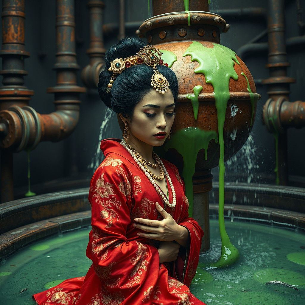 Terrified Geisha in Industrial Fountain, Cinematic Style