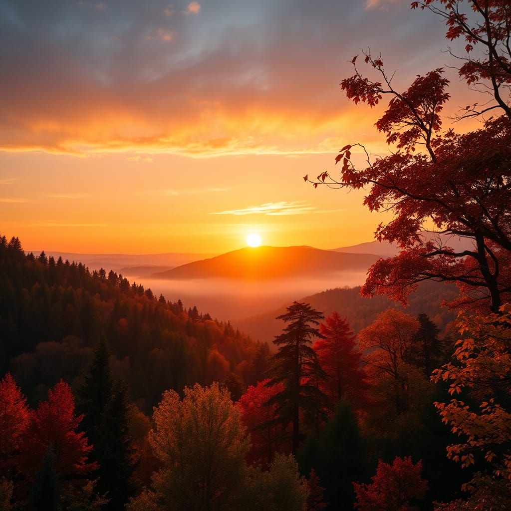 Golden Hour Sunrise Over Autumn Forest