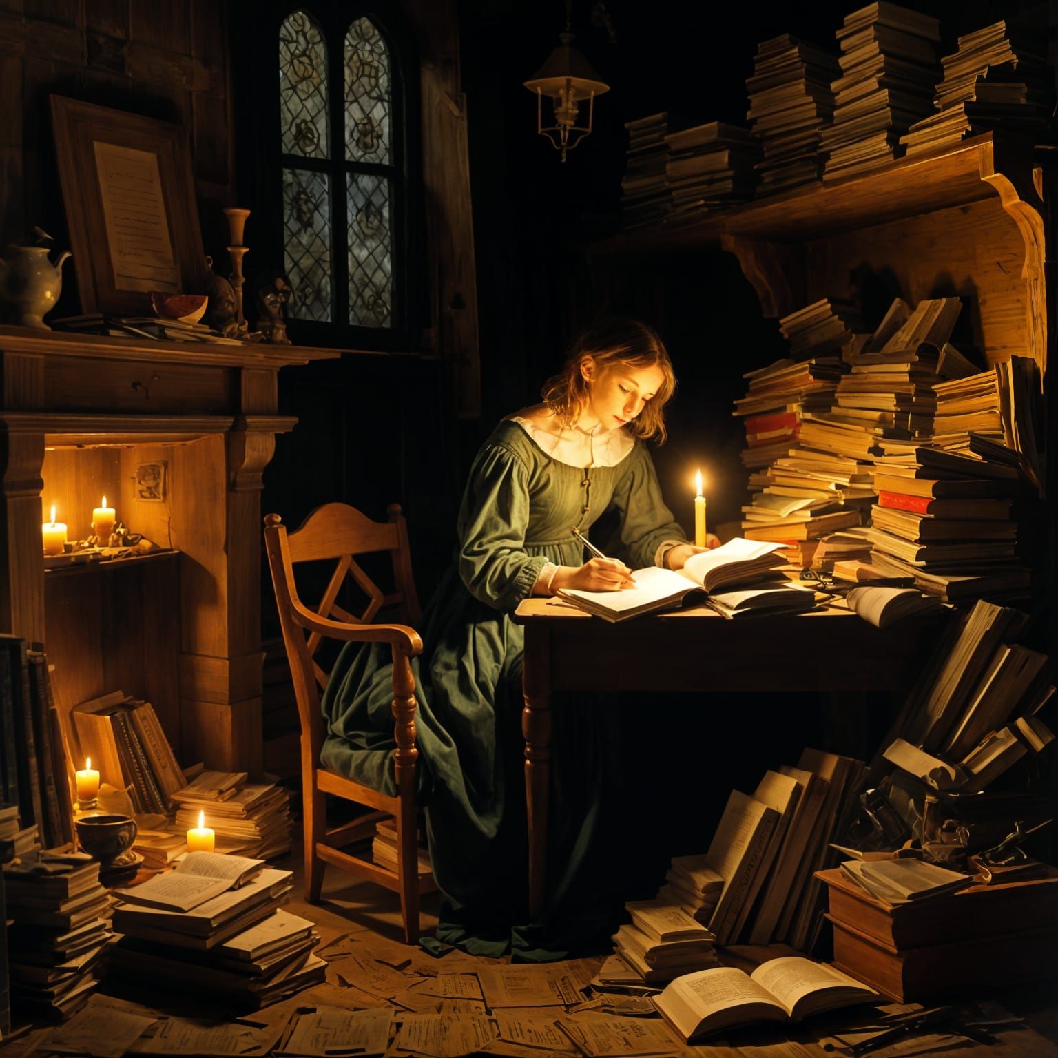 Scholar Reading by Candlelight in Cluttered Study