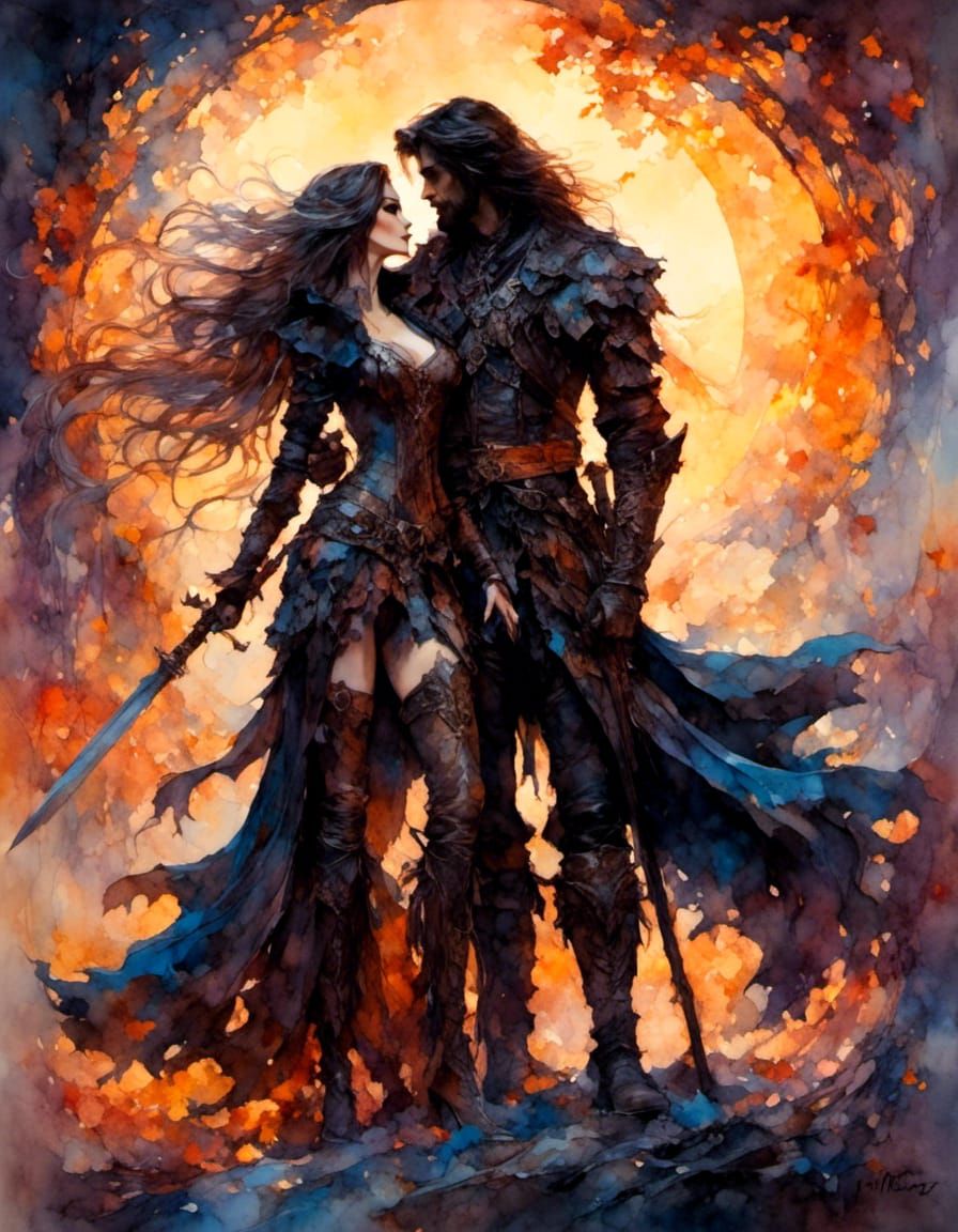 Fantasy Witch and Warrior Embrace in Silhouette