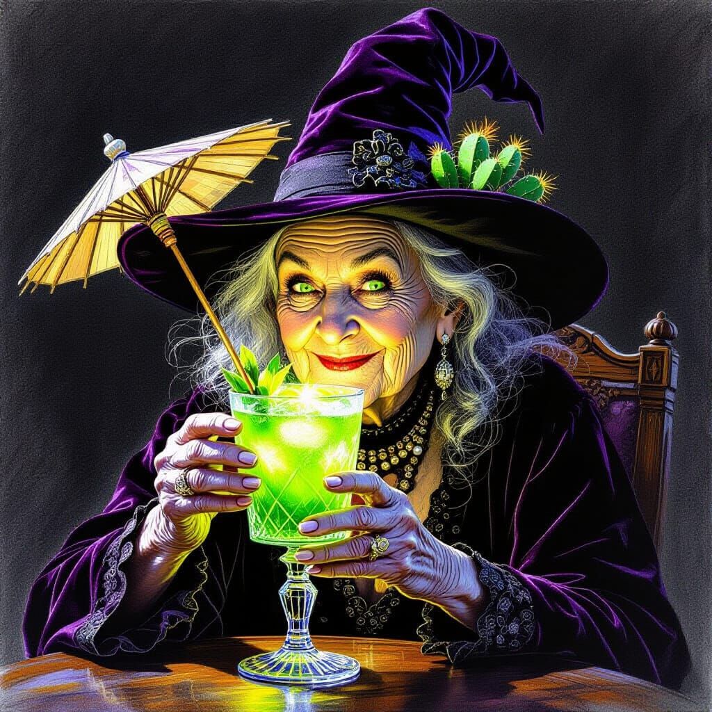 Witch Sips Luminous Cocktail in Surreal Baroque Drawing