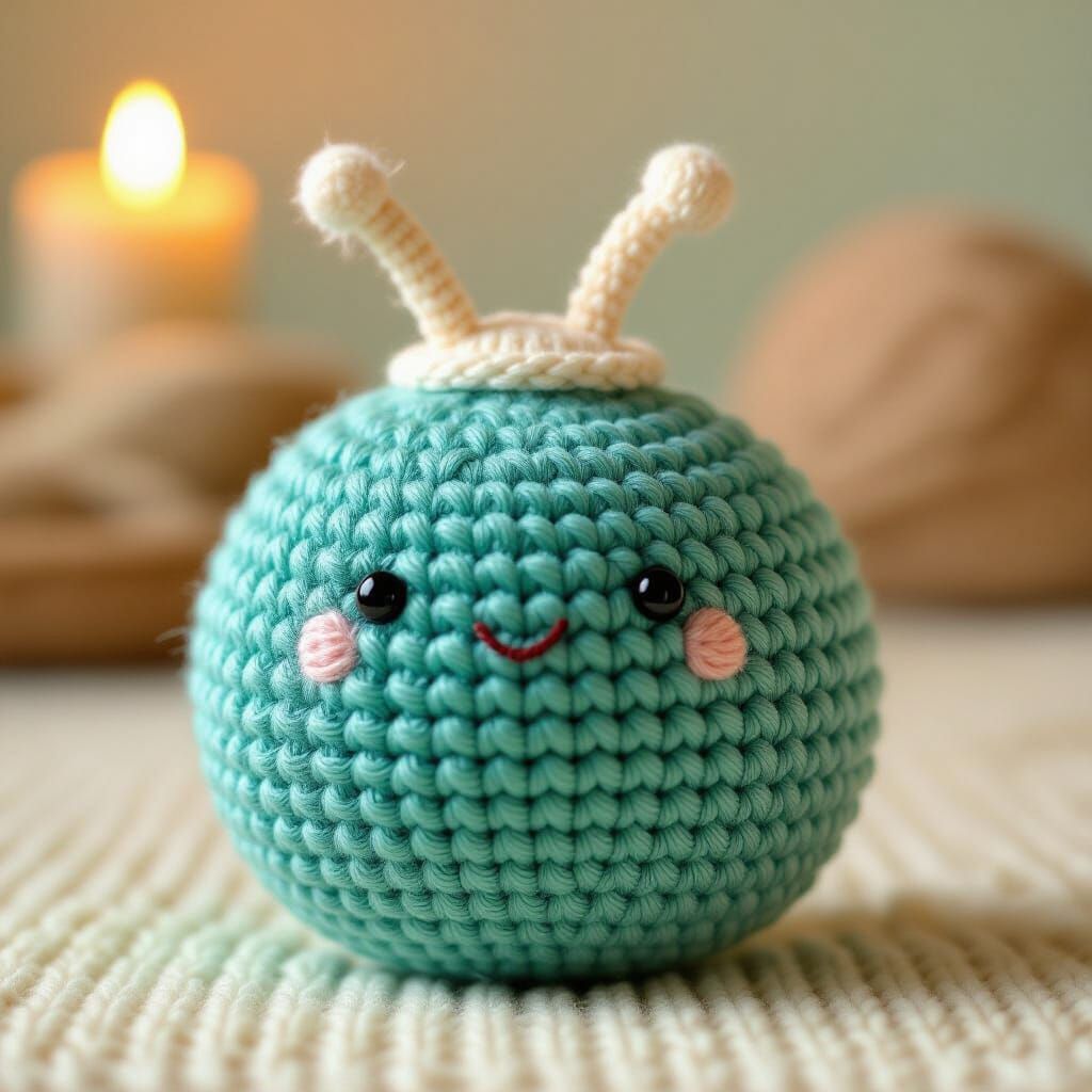 Cute Knitted Teal Ball Toy with Snail Antennae