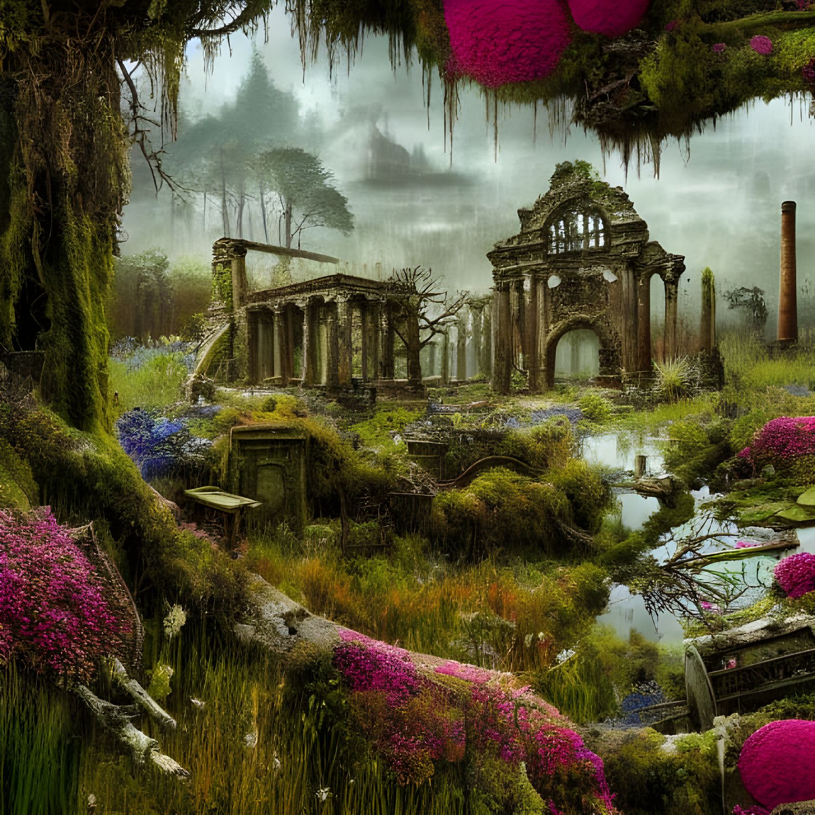 Moss-Covered Ruins in Dystopian Fantasy Landscape