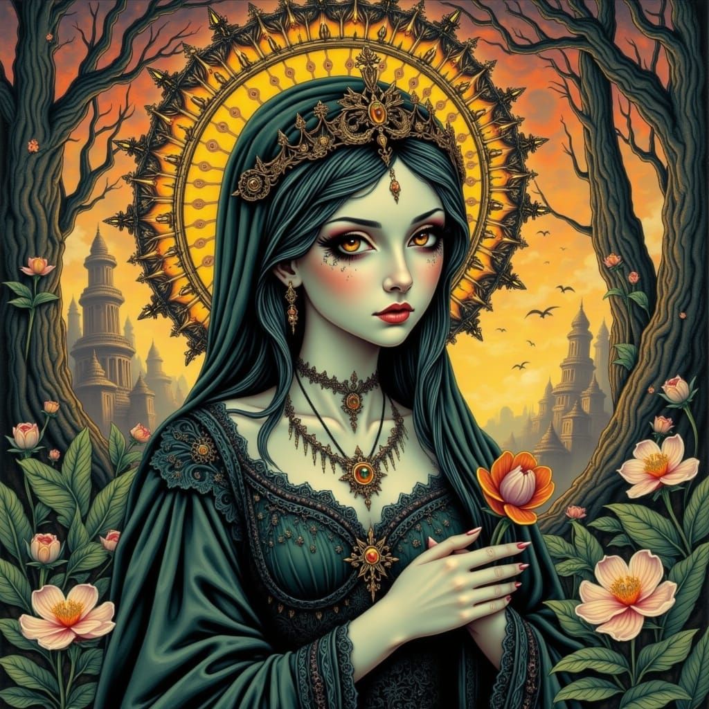 Mystical Holy Woman in Whimsical Forest at Sunrise