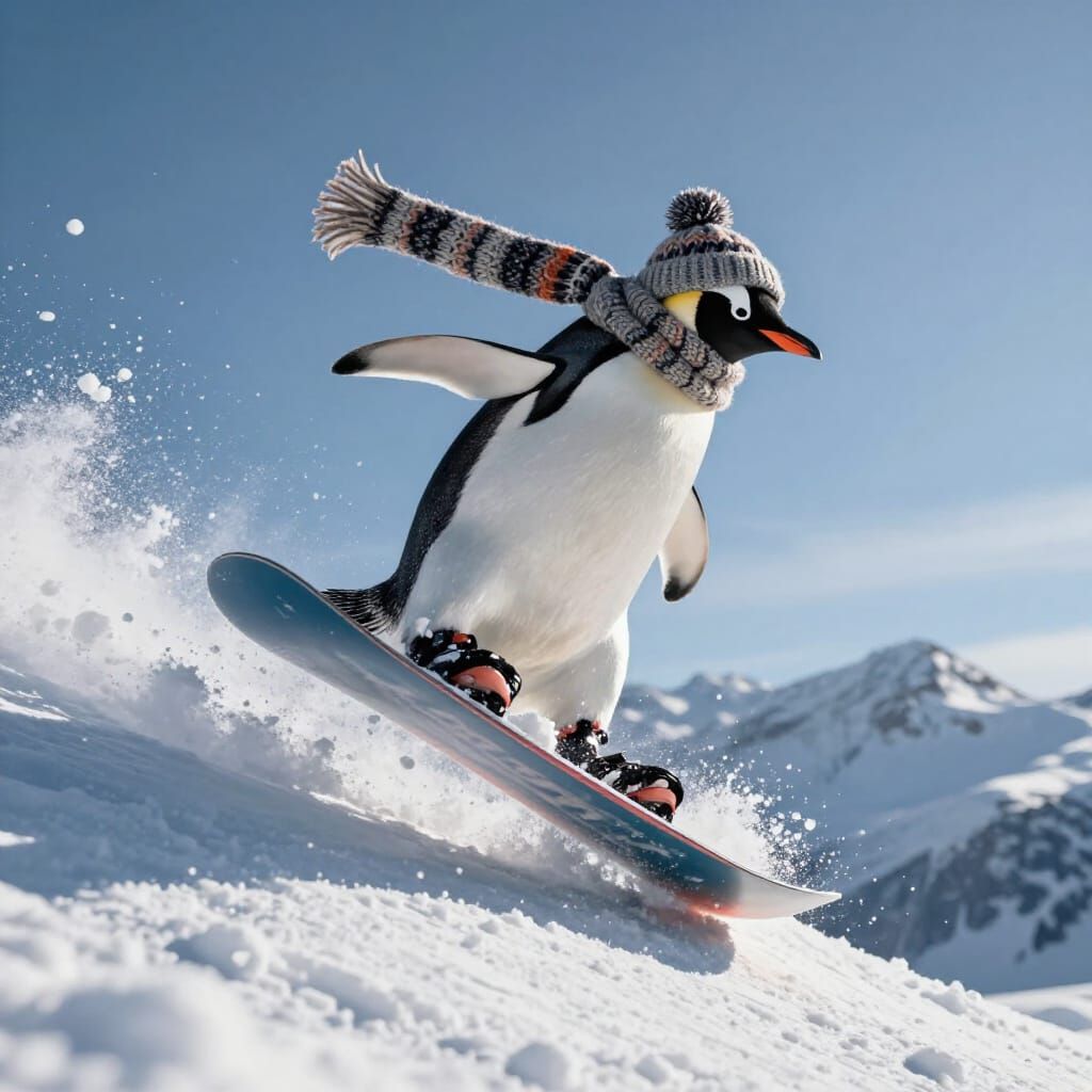 Penguin Snowboarding Stunt in Winter Landscape