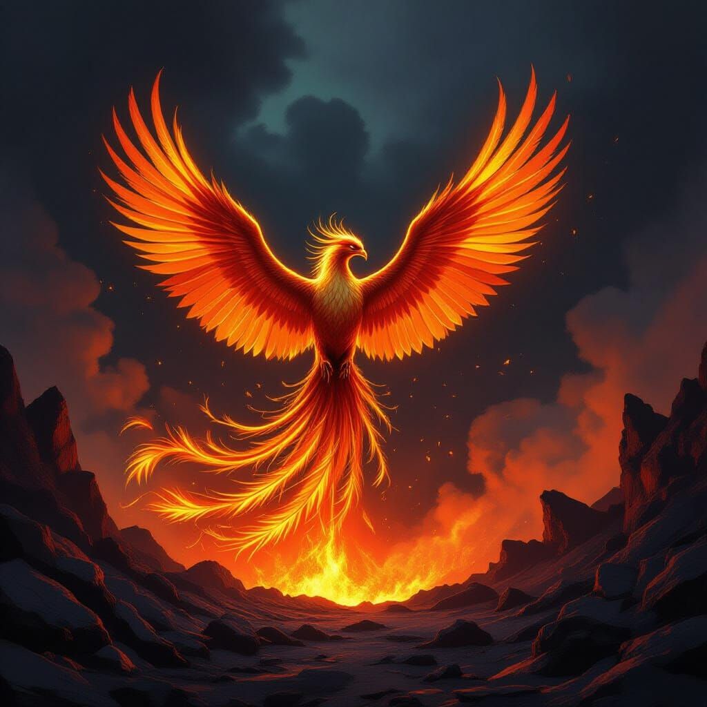 Majestic Phoenix Rises from Volcanic Crater in Fantasy Art S...