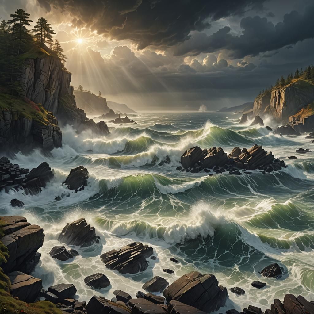 Dramatic Waves Crashing on Rocky Shore