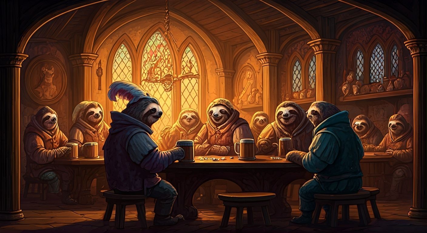 Humanoid Sloths Revel in Medieval French Tavern