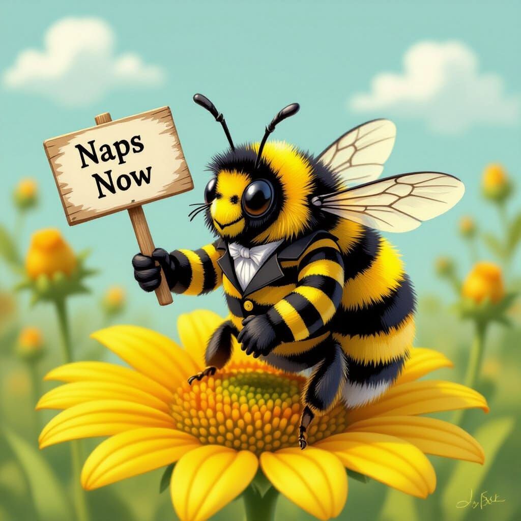 Sleepy Bee on Strike: A Whimsical Illustration