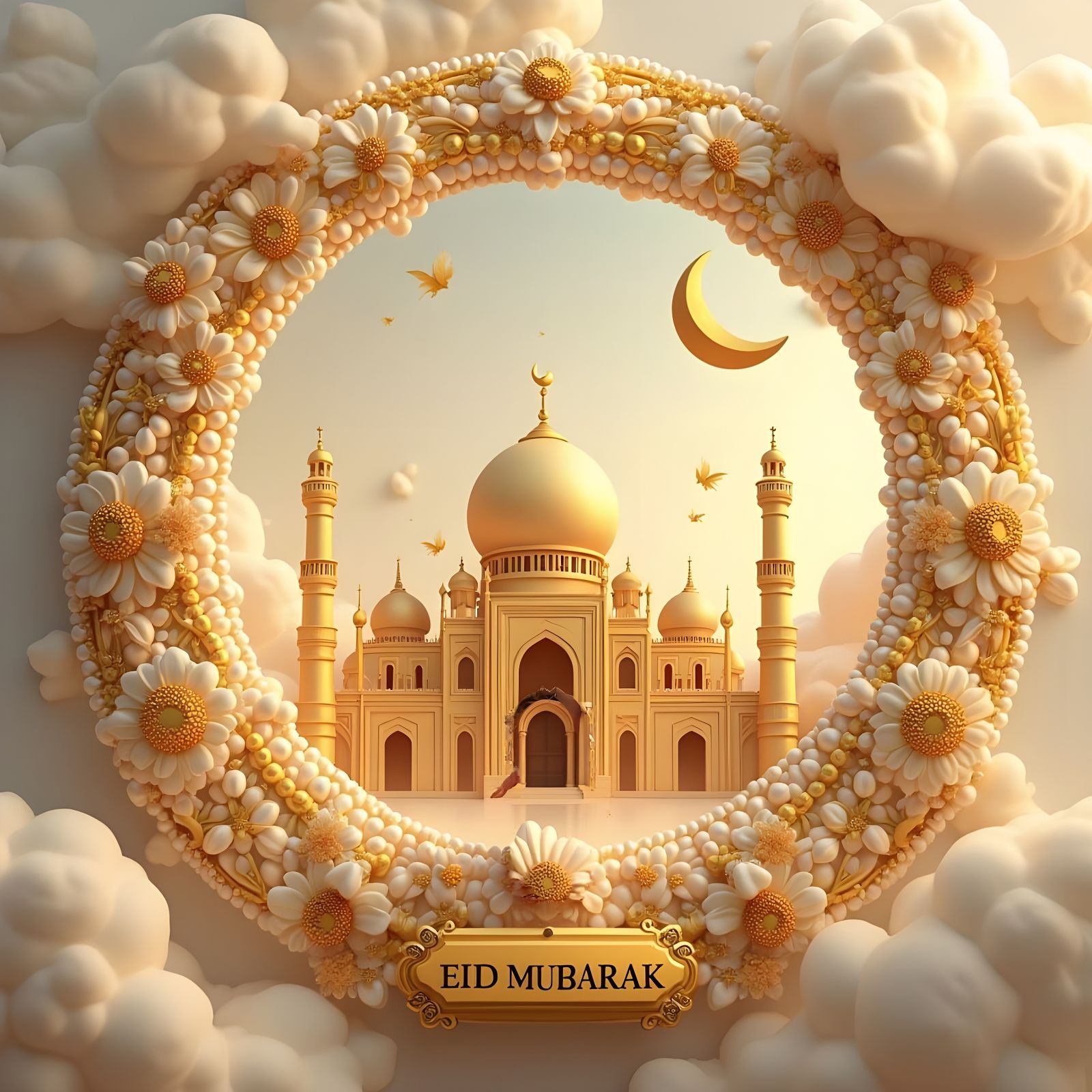 Eid Mubarak Celebration in Ornate Golden Mosque