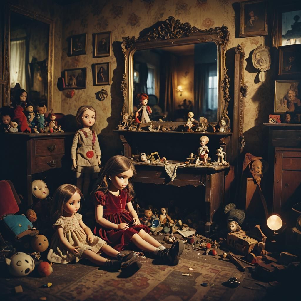 Pregnant Girl and Antique Mirror in Dimly Lit Room