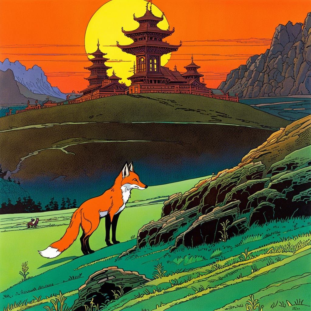 Fox and Temple in Ligne Claire Style