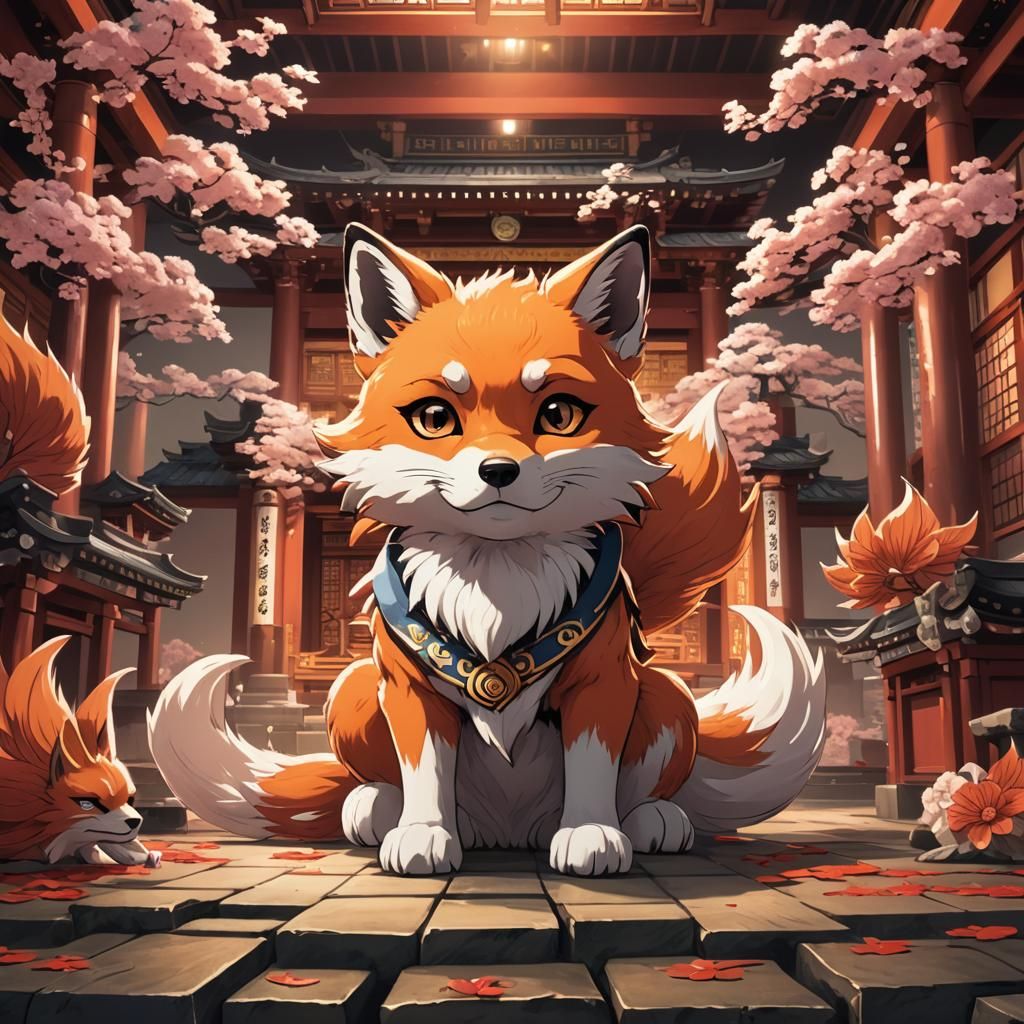 Nine-Tailed Fox Cub in Japanese Anime Style