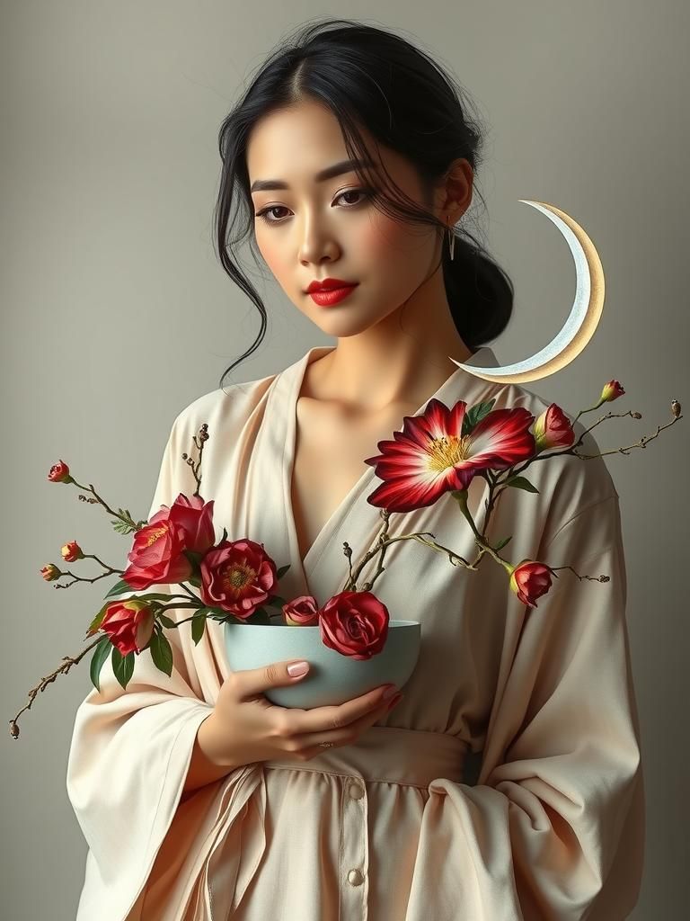 Serene Woman with Flowers in Oil Painting Style