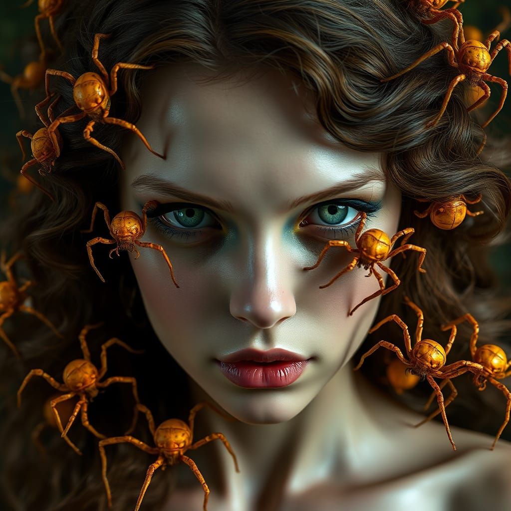 Woman Overwhelmed by Spiders in Biomechanical Horror Style