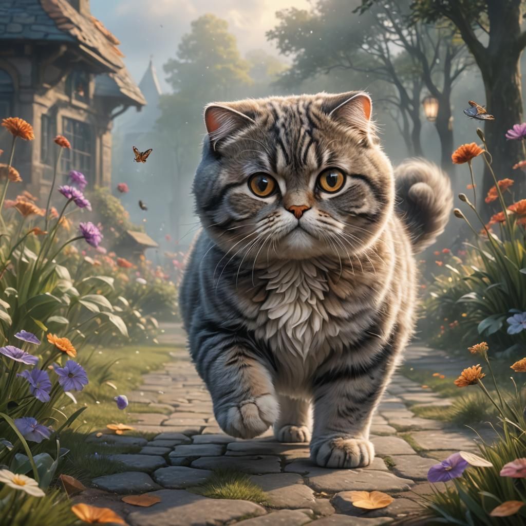 Fluffy Scottish Fold Cat Pursues Mouse: Fantasy Concept Art