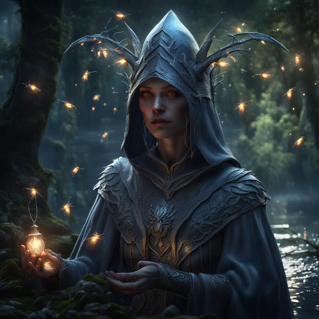 Silver Hooded Sorceress in Dark Forest, Matte Painting