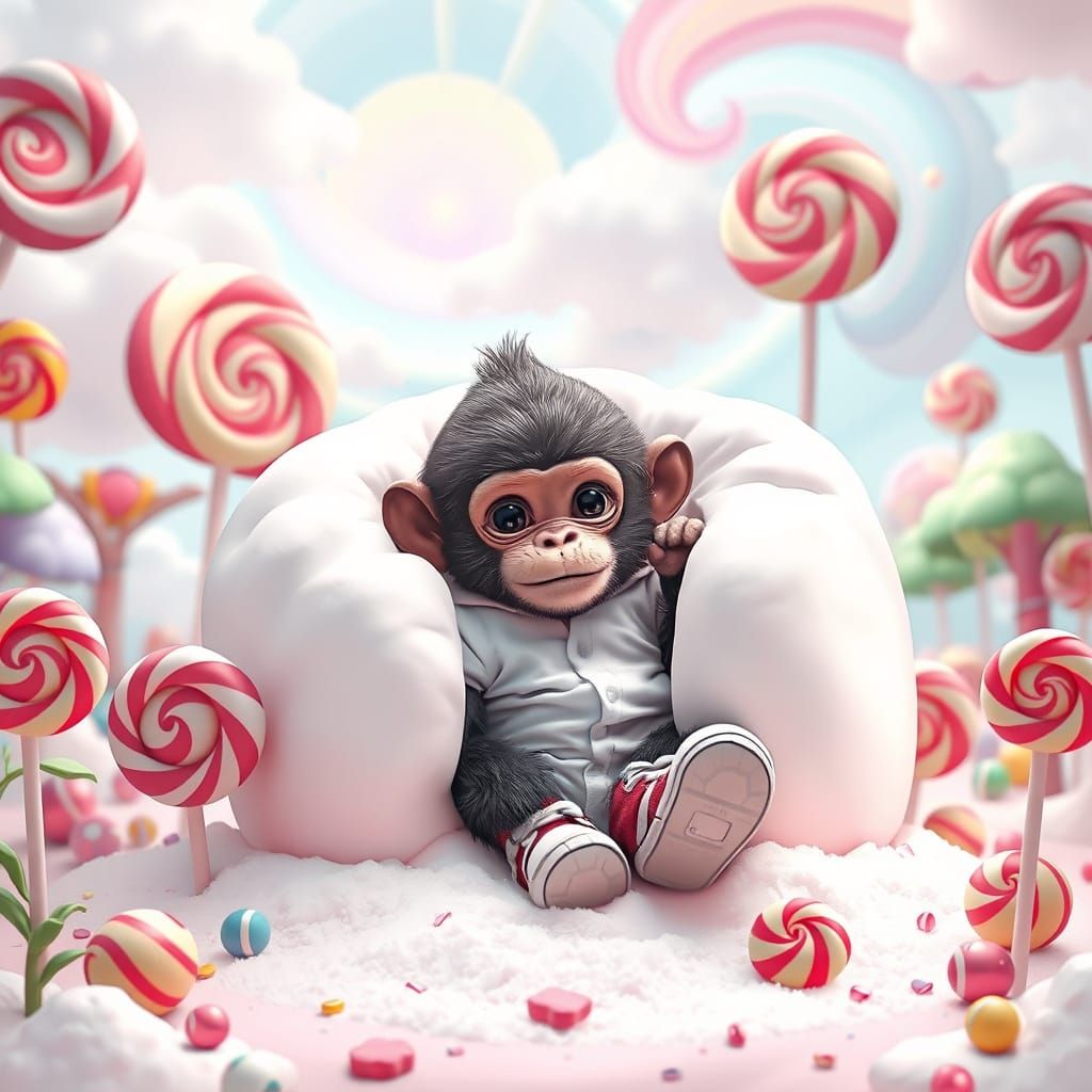 Monkey Baby Submerged in Whimsical Marshmallow Wonderland