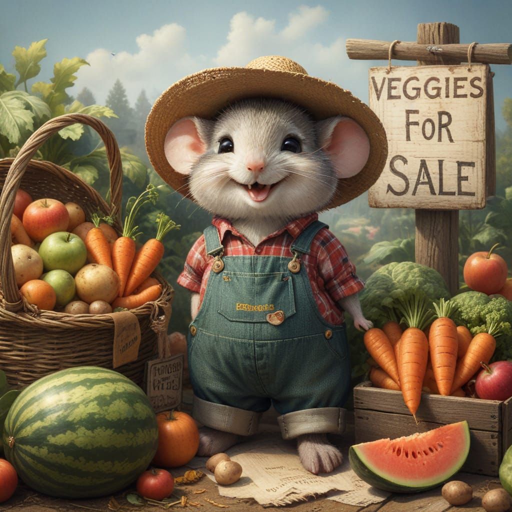 Anthropomorphic Mouse Farmer at Roadside Veggie Stand