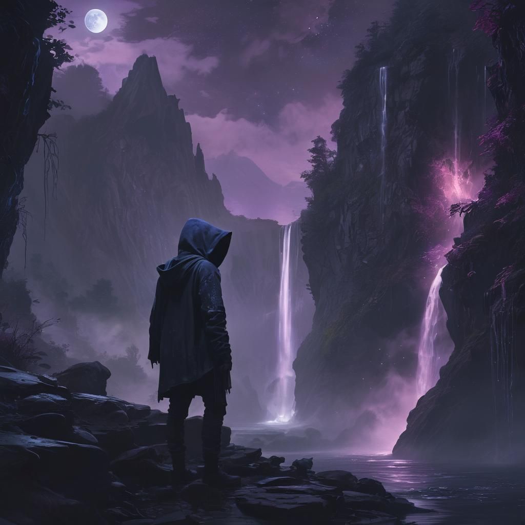 Hooded Figure in Dark Fantasy Landscape