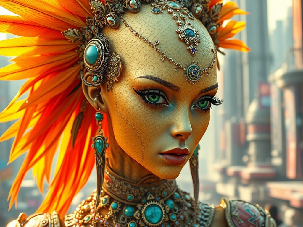 Glamorous Alien Goddess in Futuristic Arcology City