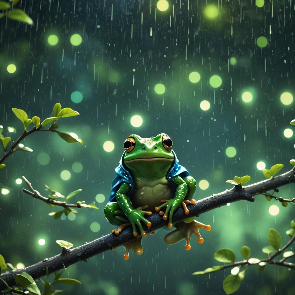 Green Frog in Holographic Raincoat: Pixar-Style 3D Art