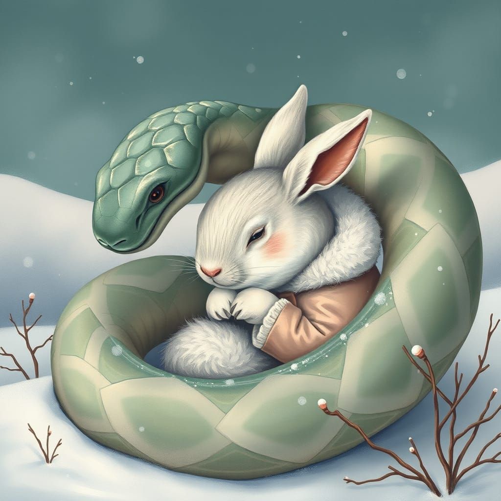 Gentle Snake Warms Rabbit in Winter Embrace