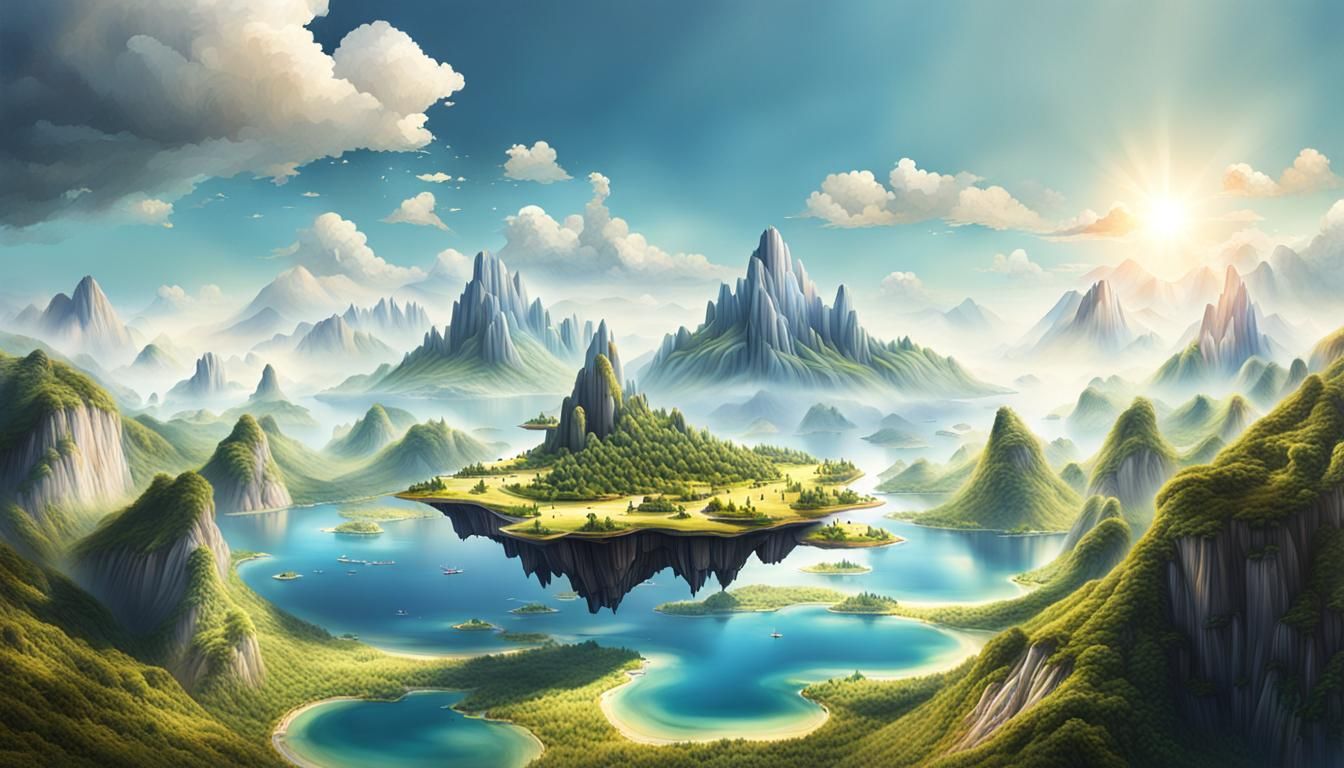 Sunny Landscape with Floating Islands and Mountains