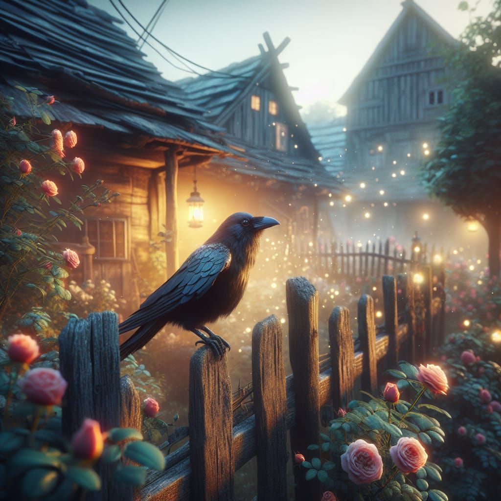 Sunset ,roses and crow