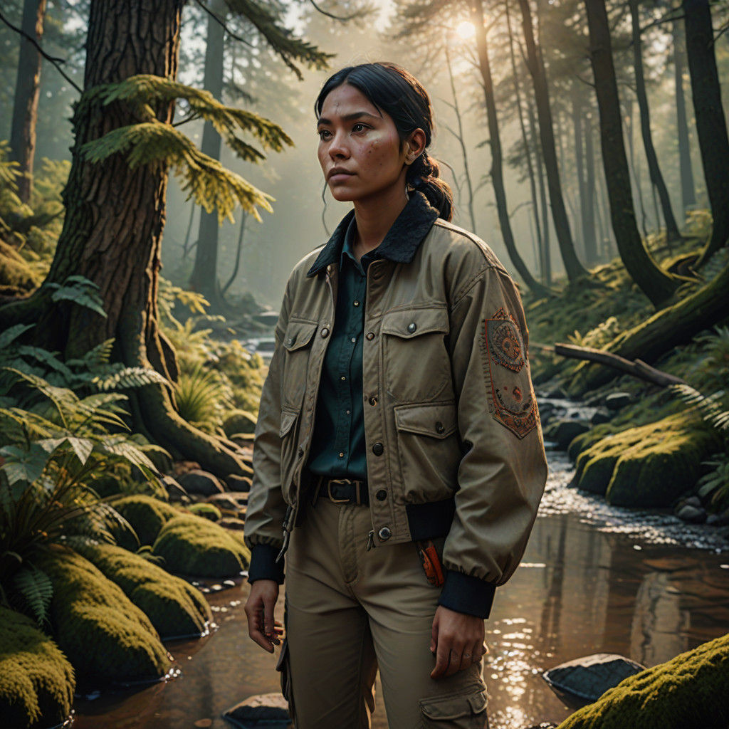 American Indian Woman Stands Amidst Foggy Pine Forest