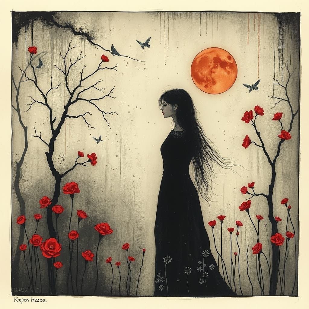 Dreamlike Woman in Surrealist Etching Style