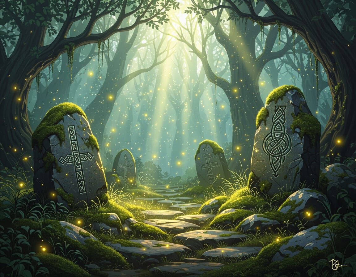 Mystical Forest with Ancient Runes and Light Beams