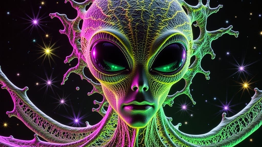Digital Alien in Metallic Green and Neon Pink Foil Artwork