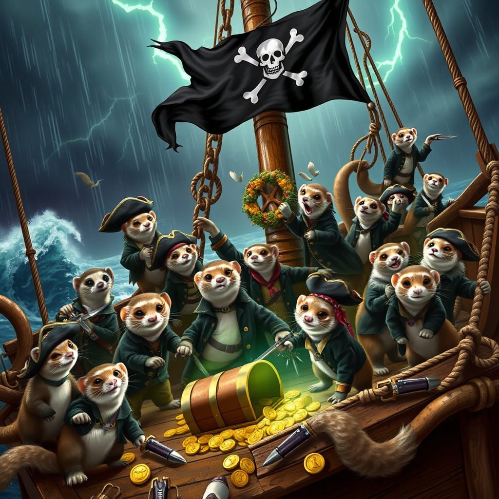 Ferrets as Pirate Crew Amidst Stormy Seas
