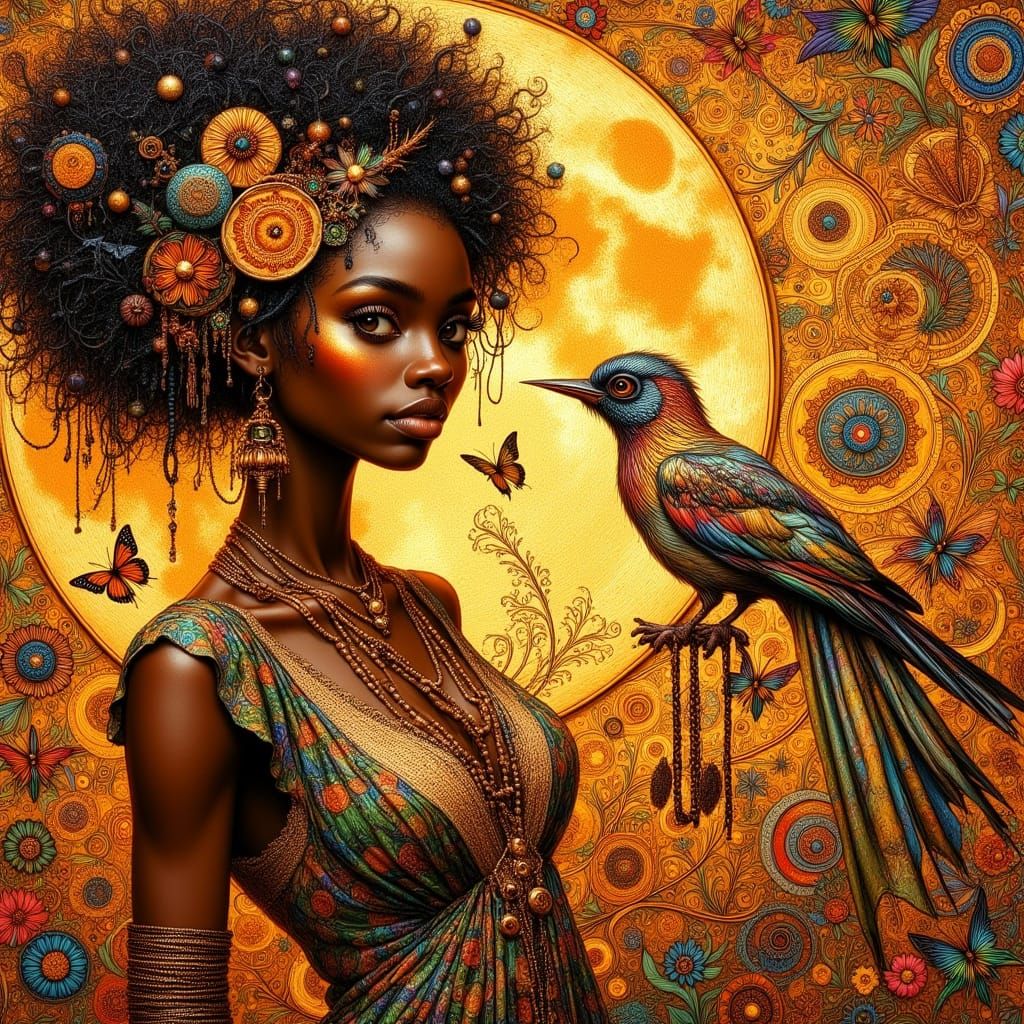 <lora:Punky Pixies:1.0> Theoretical Image Perfection African Goddess Fantasy Kintsugi Moonlight Gustav Klimt